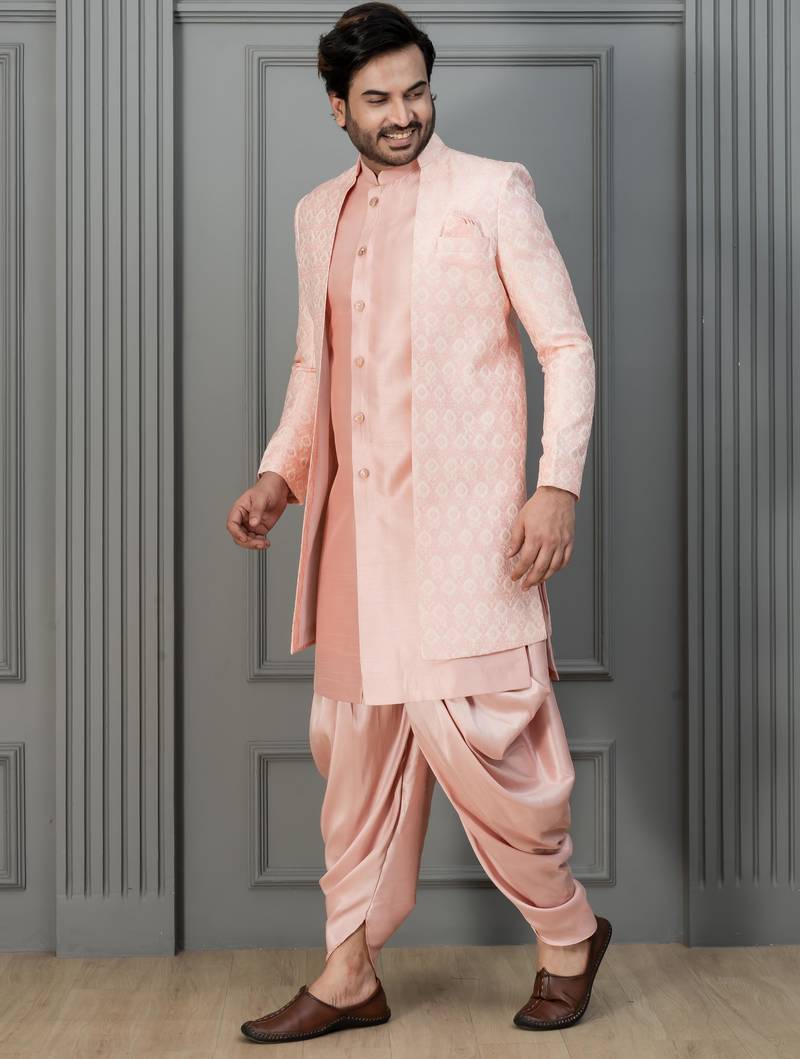 Peach pink  silk blend sherwani dhoti set for men with embroidered work