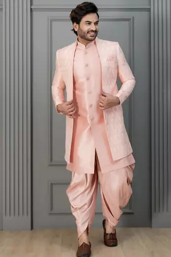 Peach pink  silk blend sherwani dhoti set for men with embroidered work