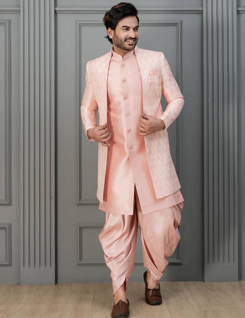 Peach pink  silk blend sherwani dhoti set for men with embroidered work