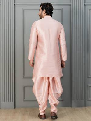 Peach pink  silk blend sherwani dhoti set for men with embroidered work 4