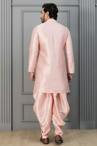 Peach pink  silk blend sherwani dhoti set for men with embroidered work