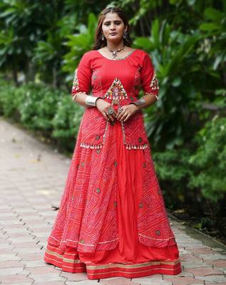 Red Color Printed mirror-work Cotton  Navratri Lehenga Choli 1