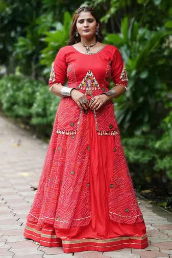 Red Color Printed mirror-work Cotton  Navratri Lehenga Choli