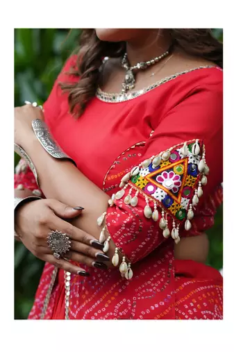 Red Color Printed mirror-work Cotton  Navratri Lehenga Choli