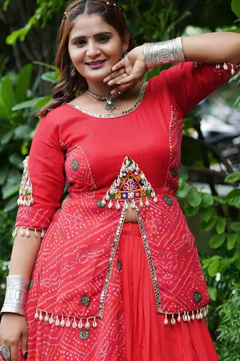 Red Color Printed mirror-work Cotton  Navratri Lehenga Choli