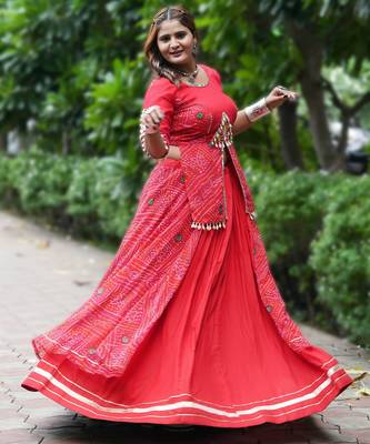 Red Color Printed mirror-work Cotton  Navratri Lehenga Choli 4