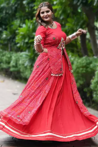 Red Color Printed mirror-work Cotton  Navratri Lehenga Choli