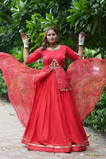 Red Color Printed mirror-work Cotton  Navratri Lehenga Choli