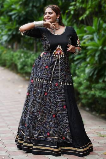 Black Printed mirror-work Cotton Navratri Lehenga Choli