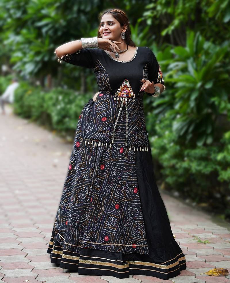 Black Printed mirror-work Cotton Navratri Lehenga Choli