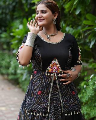 Black Printed mirror-work Cotton Navratri Lehenga Choli 2