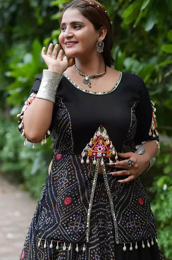 Black Printed mirror-work Cotton Navratri Lehenga Choli