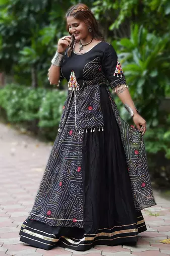 Black Printed mirror-work Cotton Navratri Lehenga Choli