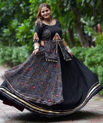 Black Printed mirror-work Cotton Navratri Lehenga Choli 5