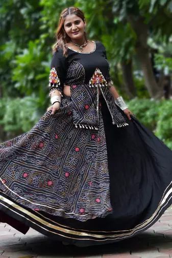 Black Printed mirror-work Cotton Navratri Lehenga Choli