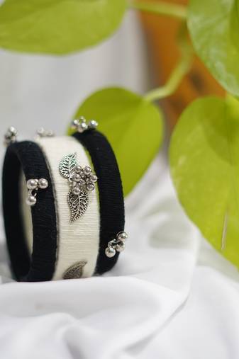  handcrafted monochrome thread & oxidized silver leaf bangle (set of 6)