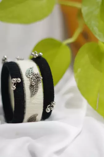  handcrafted monochrome thread & oxidized silver leaf bangle (set of 6)