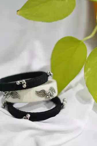 handcrafted monochrome thread & oxidized silver leaf bangle (set of 6)
