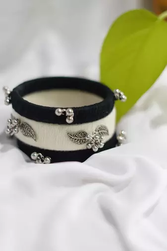  handcrafted monochrome thread & oxidized silver leaf bangle (set of 6)