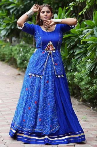 Royal Blue Printed mirror-work Cotton Navratri Lehenga Choli