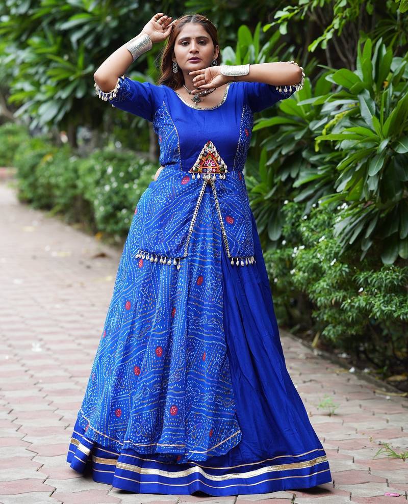 Royal Blue Printed mirror-work Cotton Navratri Lehenga Choli