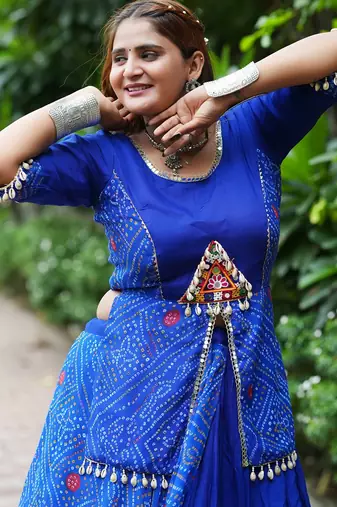Royal Blue Printed mirror-work Cotton Navratri Lehenga Choli