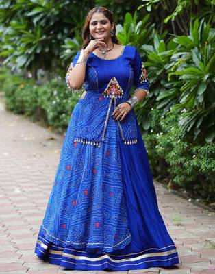 Royal Blue Printed mirror-work Cotton Navratri Lehenga Choli 3