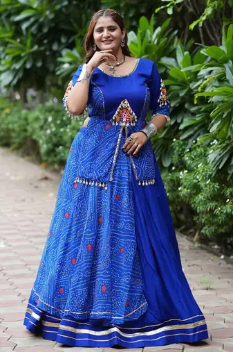 Royal Blue Printed mirror-work Cotton Navratri Lehenga Choli
