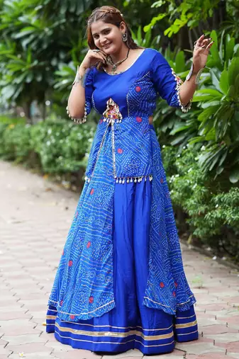 Royal Blue Printed mirror-work Cotton Navratri Lehenga Choli