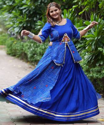 Royal Blue Printed mirror-work Cotton Navratri Lehenga Choli 5