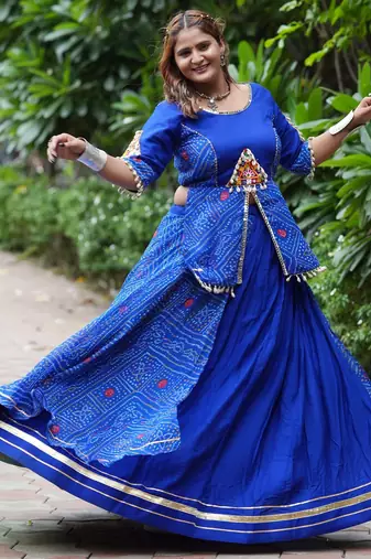 Royal Blue Printed mirror-work Cotton Navratri Lehenga Choli