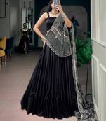 Navratri Moonga silk blend Free Size Lehenga Choli with Printed Satin Dupatta Set