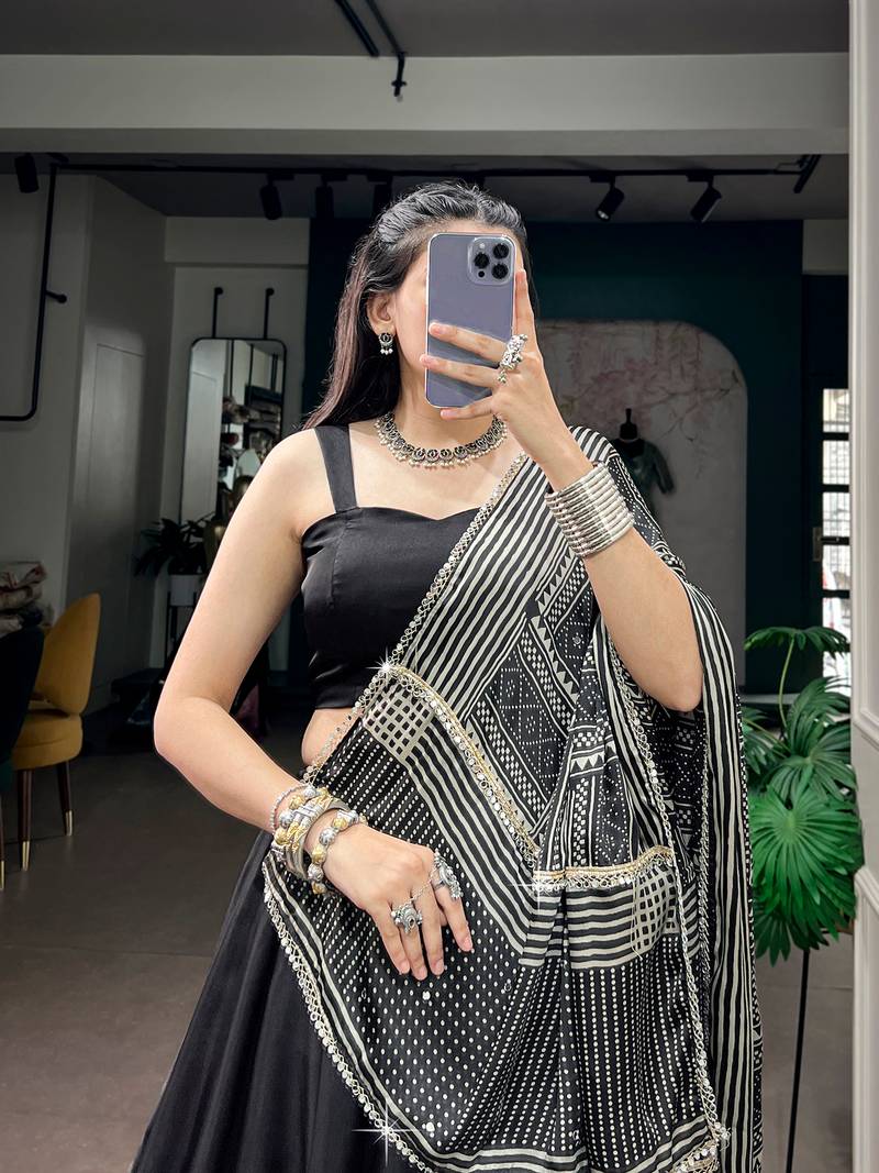 Navratri Moonga silk blend Free Size Lehenga Choli with Printed Satin Dupatta Set