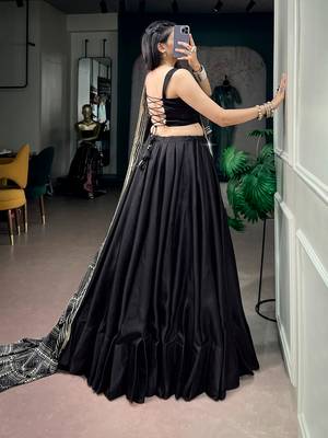 Navratri Moonga silk blend Free Size Lehenga Choli with Printed Satin Dupatta Set 3