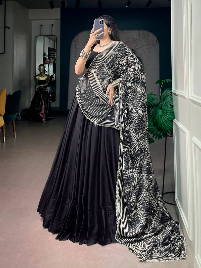 Navratri Moonga silk blend Free Size Lehenga Choli with Printed Satin Dupatta Set