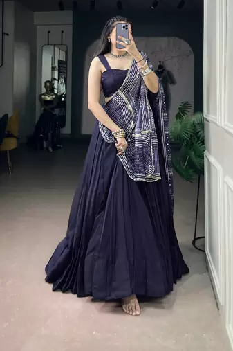Navratri Special Moonga Silk Free Size Lehenga Choli with Printed Satin Dupatta Set