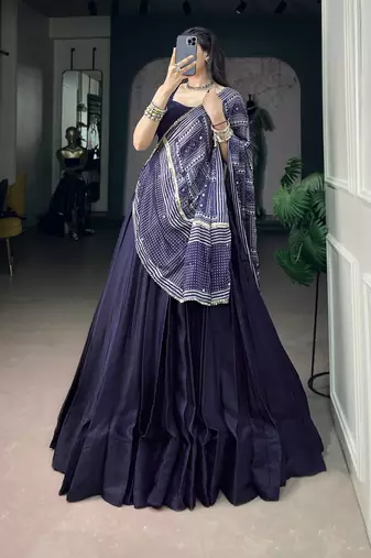 Navratri Special Moonga Silk Free Size Lehenga Choli with Printed Satin Dupatta Set
