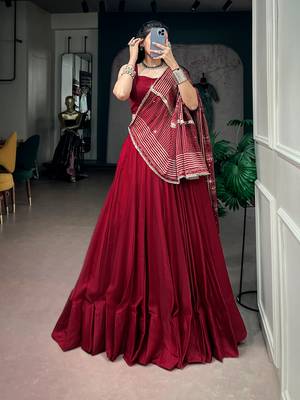 Navratri Moonga silk blend Free Size Lehenga Choli with Printed Satin Dupatta Set 1