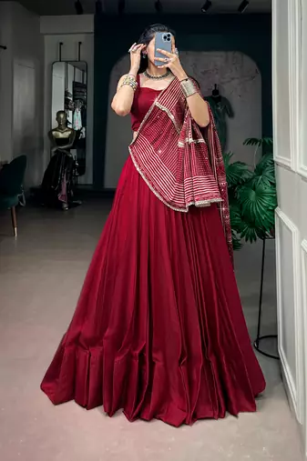 Navratri Moonga silk blend Free Size Lehenga Choli with Printed Satin Dupatta Set