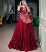 Navratri Moonga silk blend Free Size Lehenga Choli with Printed Satin Dupatta Set