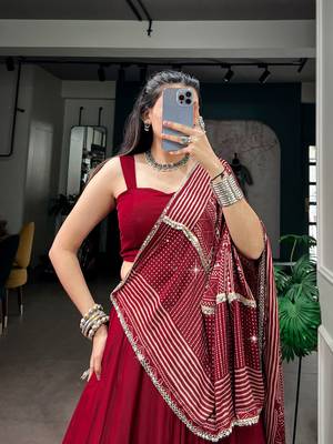 Navratri Moonga silk blend Free Size Lehenga Choli with Printed Satin Dupatta Set 2