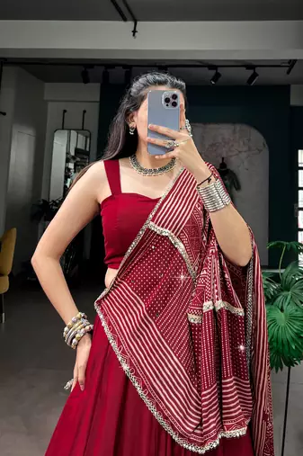Navratri Moonga silk blend Free Size Lehenga Choli with Printed Satin Dupatta Set