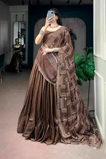 Navratri Moonga silk blend Free Size Lehenga Choli with Printed Satin Dupatta Set