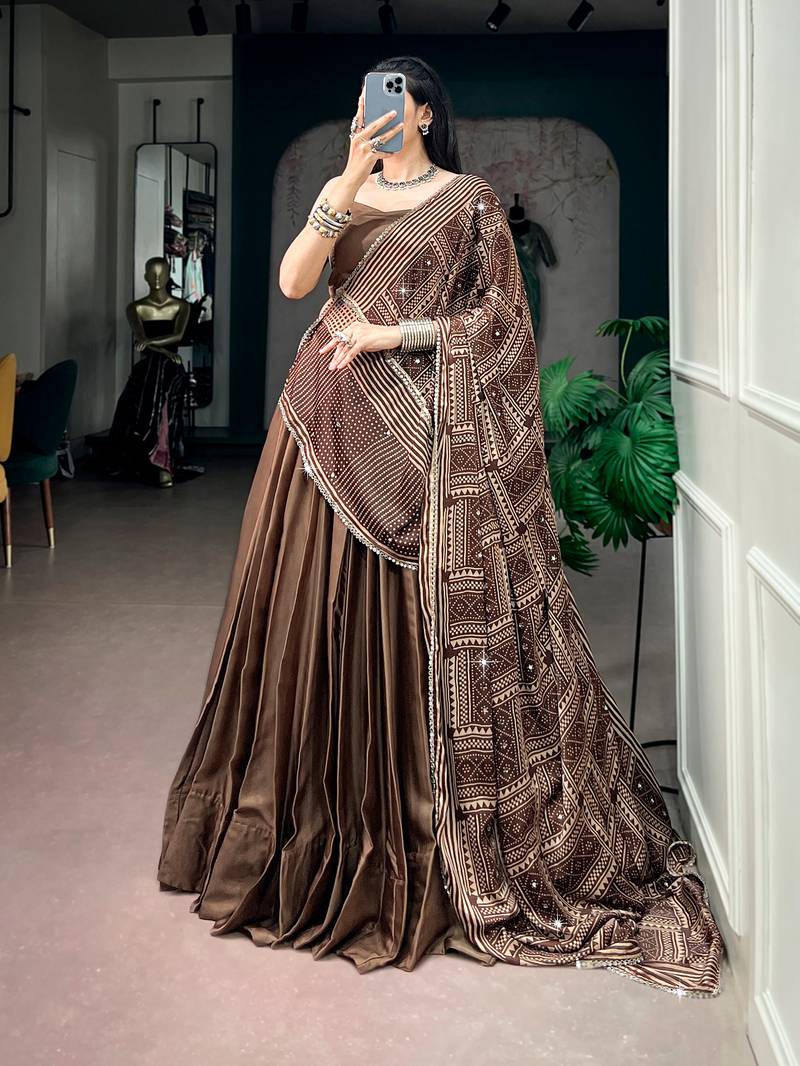 Navratri Moonga silk blend Free Size Lehenga Choli with Printed Satin Dupatta Set