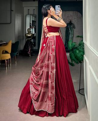 Navratri Moonga silk blend Free Size Lehenga Choli with Printed Satin Dupatta Set 3