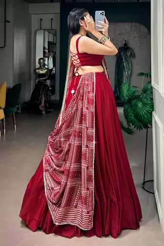 Navratri Moonga silk blend Free Size Lehenga Choli with Printed Satin Dupatta Set