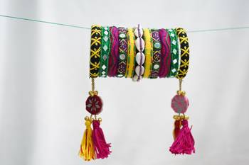  handcrafted multicolour kutchi boho bangle set with cowrie shells & tassels 1