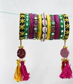  handcrafted multicolour kutchi boho bangle set with cowrie shells & tassels