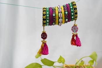  handcrafted multicolour kutchi boho bangle set with cowrie shells & tassels 2