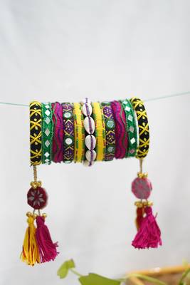 handcrafted multicolour kutchi boho bangle set with cowrie shells & tassels 3